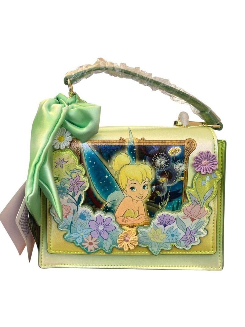 Loungefly Disney Tinker Bell Flower Iridescent Crossbody Handbag Ribbon NWT